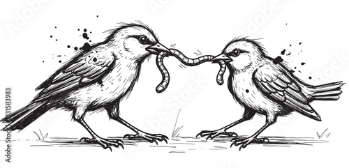 Two hand-drawn black and white birds fighting over a worm in a graphic sketch style illustration representing conflict, competition, and rivalry in nature