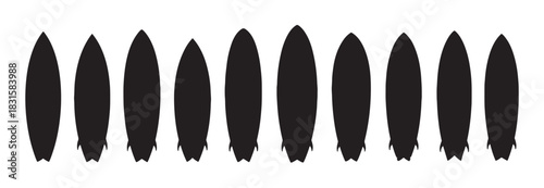 Collection of black surfboard silhouettes with various shapes and sizes arranged in a horizontal row, showcasing different types of boards for surfing in a minimalist graphic style