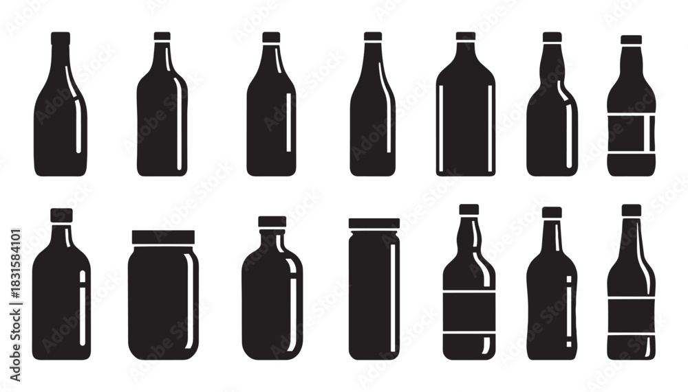 Fototapeta premium Black bottle and jar silhouette icon set featuring various shapes for beverages like wine, beer, and liquor, presented in a clean, minimalist graphic design style