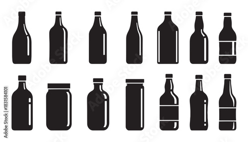 Black bottle and jar silhouette icon set featuring various shapes for beverages like wine, beer, and liquor, presented in a clean, minimalist graphic design style
