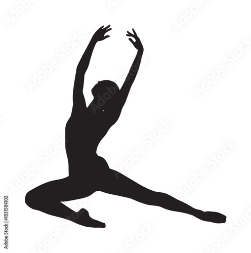 Black silhouette of a graceful female dancer in a dynamic leaping pose with arms raised, showing elegant movement and flexibility in a minimalist graphic vector style