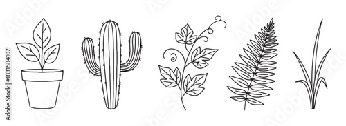 Set of five hand-drawn plant illustrations including a houseplant, cactus, ivy vine, fern frond, and grass in a simple black and white line art doodle style for botanical design