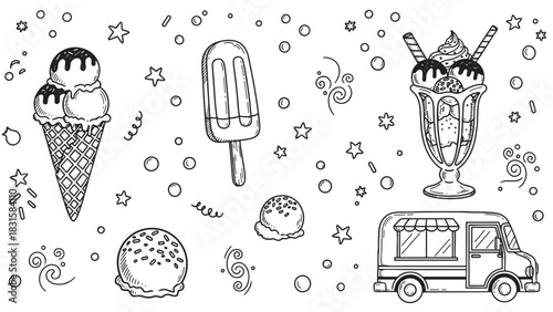 Set of various ice cream treats hand-drawn in a cute doodle style, featuring a cone, popsicle, sundae, scoops, and a food truck in a charming black and white line art
