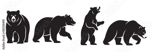 Set of four black bear silhouettes in different poses including standing, walking, and roaring, rendered in a bold and minimalist graphic style perfect for a logo or emblem