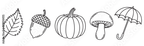 Set of five autumn season icons featuring a leaf, acorn, pumpkin, mushroom, and umbrella drawn in a simple black and white line art doodle style for seasonal design