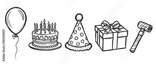 Hand-drawn birthday party icon set with a balloon, cake, hat, gift, and horn blower in a simple black and white sketch style illustration for festive celebration design