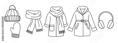 Collection of winter clothing and accessories including coats, a scarf, beanie, mitten, and earmuffs drawn in a simple black and white line art doodle style for a cozy concept