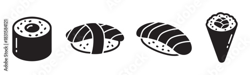 Set of four black sushi icons including maki, nigiri, and temaki hand roll, presented in a simple, minimalist graphic style for food-related design elements