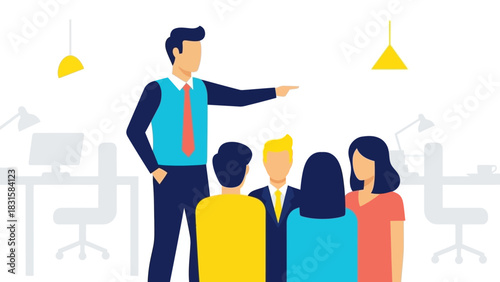 Business leader pointing and directing a team in a modern office setting, illustrating collaboration and guidance