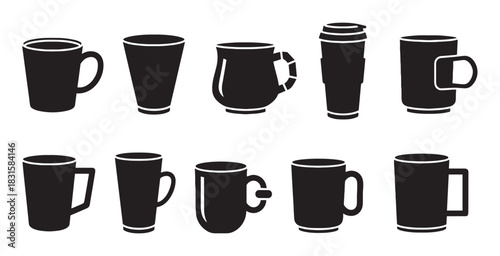 Collection of black coffee mug silhouettes in various shapes and sizes for hot drinks, presented as a minimalist graphic icon set for cafe and beverage concepts