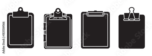 Four black clipboard icons in various styles are displayed in a row as a minimalist graphic illustration set for office and business concepts, showing different clip mechanisms