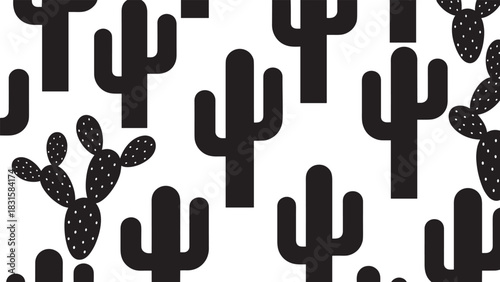 Black and white seamless cactus pattern featuring various saguaro and prickly pear silhouettes in a minimalist graphic style, creating a modern and simple botanical design