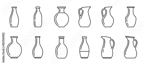 Set of milk bottle and jug icons in a simple linear style showing various shapes of pitchers, carafes, and containers for dairy products or drinks, a clean graphic vector illustration