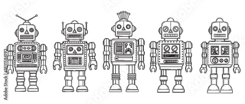 Five unique vintage black and white robot characters with funny antennas and gears stand together in a row in a charming hand-drawn line art illustration