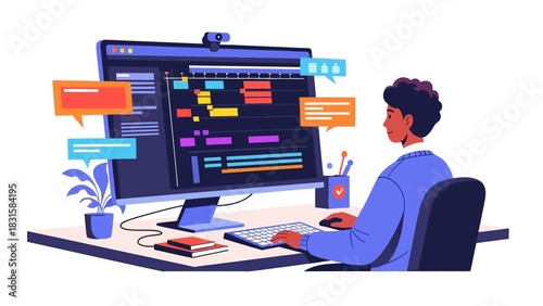 Man working on a computer with timeline editing software showing video projects and a webcam for remote work or content creation