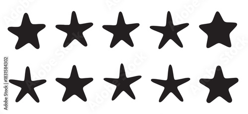 Set of ten black star icons with an organic, hand-drawn aesthetic and rounded points, arranged neatly in two horizontal rows as a simple graphic design element