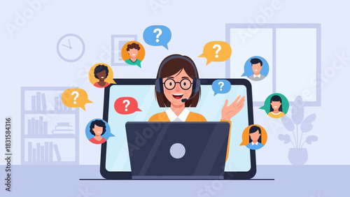 Customer service representative communicating with clients via online video call, featuring diverse people and speech bubbles