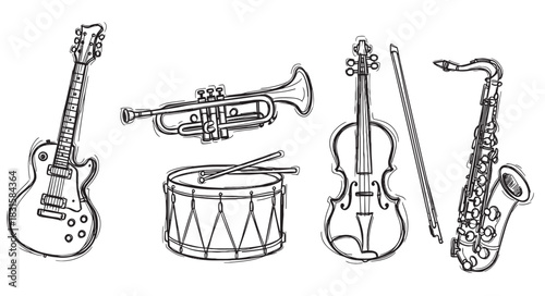 Set of various musical instruments in a hand-drawn sketch style, including an electric guitar, trumpet, snare drum, violin, and saxophone in a black line art illustration
