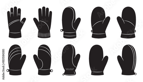 Collection of black winter gloves and mittens silhouettes shown in a variety of styles, representing warm handwear for cold weather in a simple graphic icon set