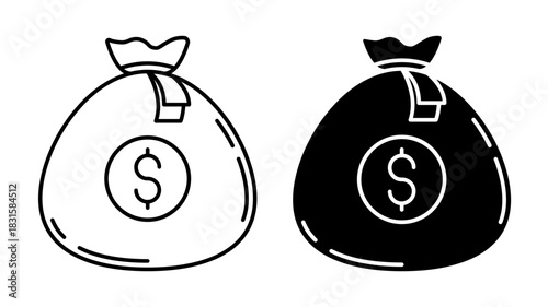 Linear icon. Money bag containing dollars and euros, sealed with a bank seal. Simple black and white vector isolated on white background