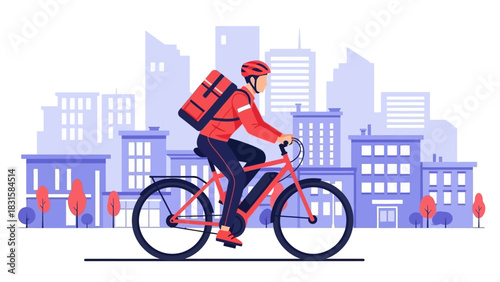 Food delivery man on bicycle riding through a city skyline with buildings in the background