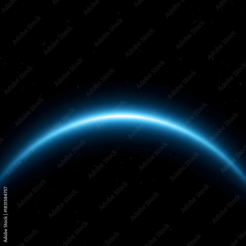 Fototapeta premium Abstract digital background with a deep black backdrop and a smooth neon-blue curved glow. Vintage film grain, analog-inspired diffusion, retro cyber aesthetic.