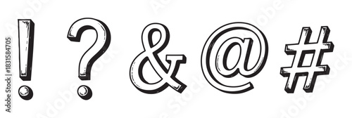 Hand-drawn punctuation and typographic symbols collection featuring an exclamation mark, question mark, ampersand, at sign, and hashtag in a bold, black and white 3D sketch style