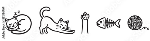 Set of cute cat-themed icons featuring a sleeping kitten, a stretching feline, a paw print, a fish skeleton, and a ball of yarn in a simple black and white doodle style