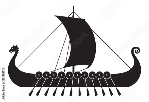 Historic Viking drakkar longship silhouette with a dragon figurehead, square sail, and shields along the side, presented as a simple black and white graphic icon
