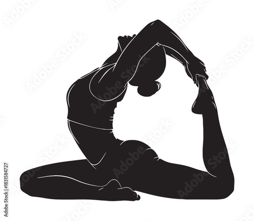 Black silhouette illustration of a woman practicing the one-legged king pigeon yoga pose, demonstrating incredible flexibility, balance, and grace in a deep backbend