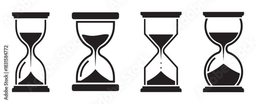 Set of four black hourglass icons showing the passage of time with flowing sand, presented in a minimalist flat vector style for concepts of deadlines, history, and waiting