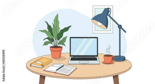 A minimalist and functional home office desk setup with a laptop, green plant, open notebook, hot beverage, and task lamp.