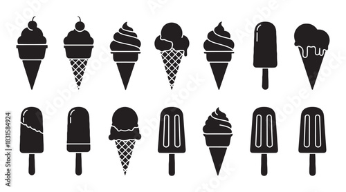 Black ice cream silhouette icons set with various frozen desserts like popsicles, soft serve, and waffle cones in a simple graphic vector style for summer food concepts