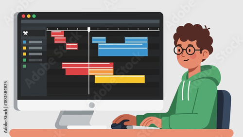 Young man editing video on computer timeline, digital content creation and multimedia production