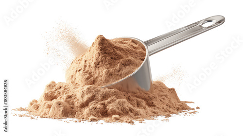 Close-up of protein powder scoop filled with nutritional supplement for fitness, muscle growth, and healthy lifestyle isolated on white background