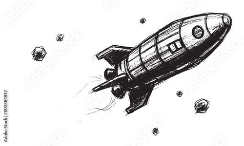 Sketchy ink illustration of a spaceship flying through an asteroid field, depicted in a dynamic, rough, hand-drawn style with expressive brush strokes and a sense of motion