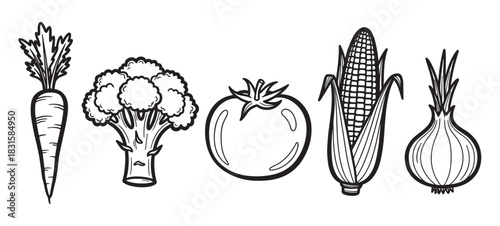Set of five fresh vegetables including a carrot, broccoli, tomato, corn, and onion, drawn in a simple black and white line art style for healthy eating concepts