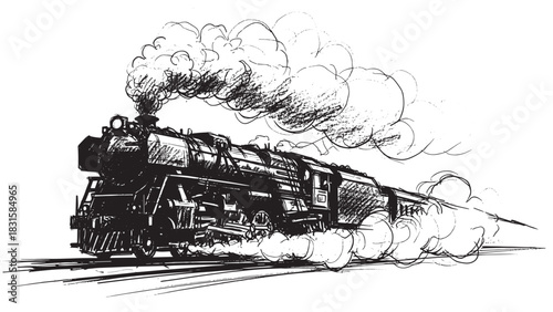 Vintage steam locomotive train sketch in black and white, depicted moving at high speed with powerful billowing smoke from its chimney in a dynamic hand-drawn illustration