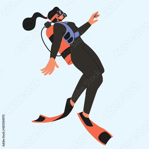 Diving gentle sideways swim as the diver adjusts buoyancy while observing marine surroundings illustration