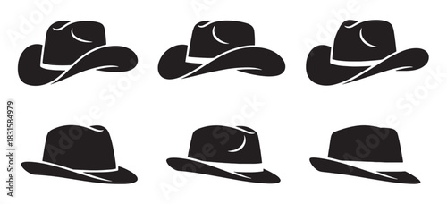 Collection of black hat silhouettes featuring classic cowboy and fedora styles in a minimalist graphic design set, representing western, vintage, and masculine fashion concepts