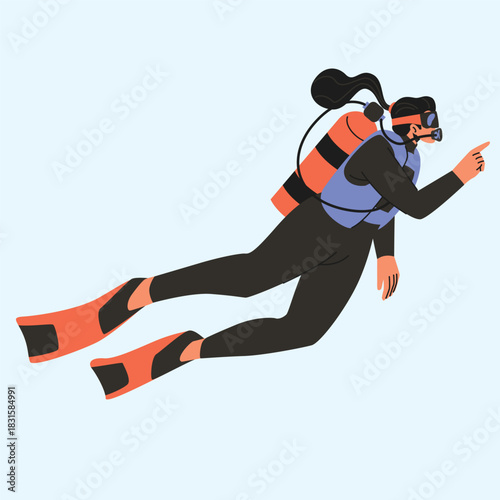 Diving divers swimming while exploring underwater life together illustration