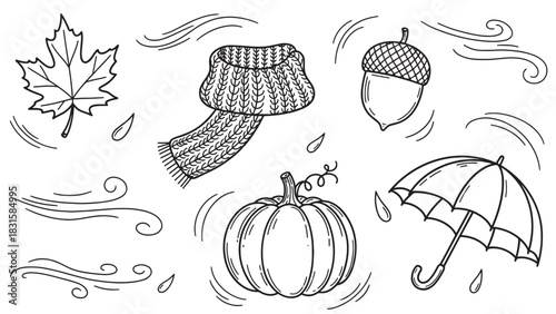 Autumn doodle set with a pumpkin, scarf, umbrella, acorn, and maple leaf in a charming hand-drawn black and white line art style for seasonal concepts