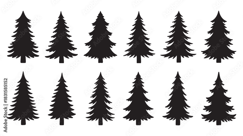 Fototapeta premium Set of twelve black pine tree silhouettes in a minimalist graphic style, featuring different coniferous forms for creating forest scenes, winter holiday cards, or nature-themed logos