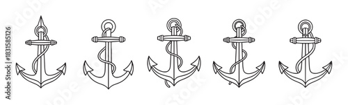 Collection of five nautical anchor icons with wrapped ropes, presented in a simple black outline style perfect for maritime, naval, or sailing themed graphic design projects