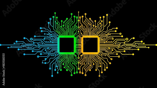 Abstract representation of interconnected microchips or processors illustrating digital circuits and data flow, suitable for technology themes
