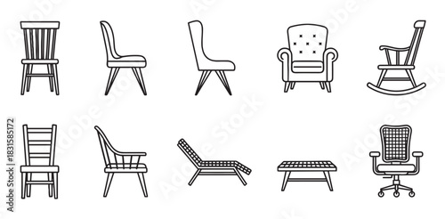 Collection of various furniture icons showing different types of chairs, armchairs, and loungers in a clean black and white line art style for interior design concepts