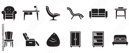 Set of black furniture icons showing various home furnishings in a minimalist glyph style, including a sofa, bed, chair, desk, and wardrobe for interior design concepts