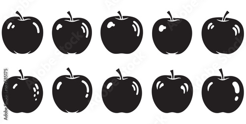 Set of ten black apple silhouettes with various simple shapes and glossy highlights, presented as a collection of graphic icons for healthy food and nutrition concepts