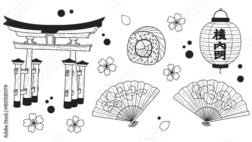Set of hand-drawn Japanese cultural icons featuring a torii gate, sushi roll, paper lantern, folding fans, and sakura flowers in a simple black and white line art style