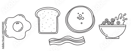 Set of black line breakfast food illustrations featuring a fried egg, toast, bacon, pancake, and cereal bowl in a simple, minimalist hand-drawn doodle style